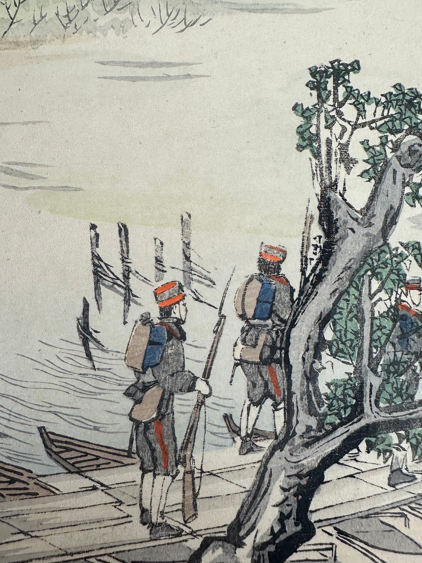 Gyokusho Original Woodblock Print Yalu River Pontoon Bridge Russo Japanese War 1904 LS#204