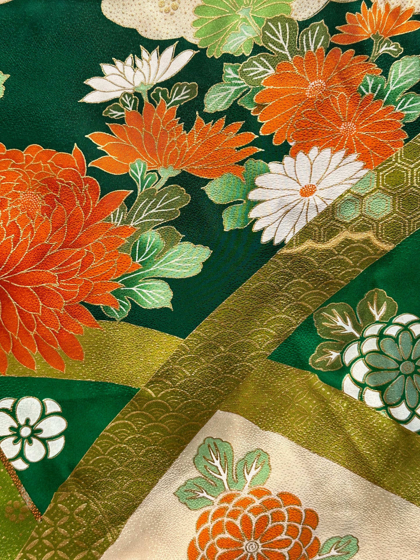 Vintage Japanese Furisode Silk Kimono Soft Green Peonie Motif