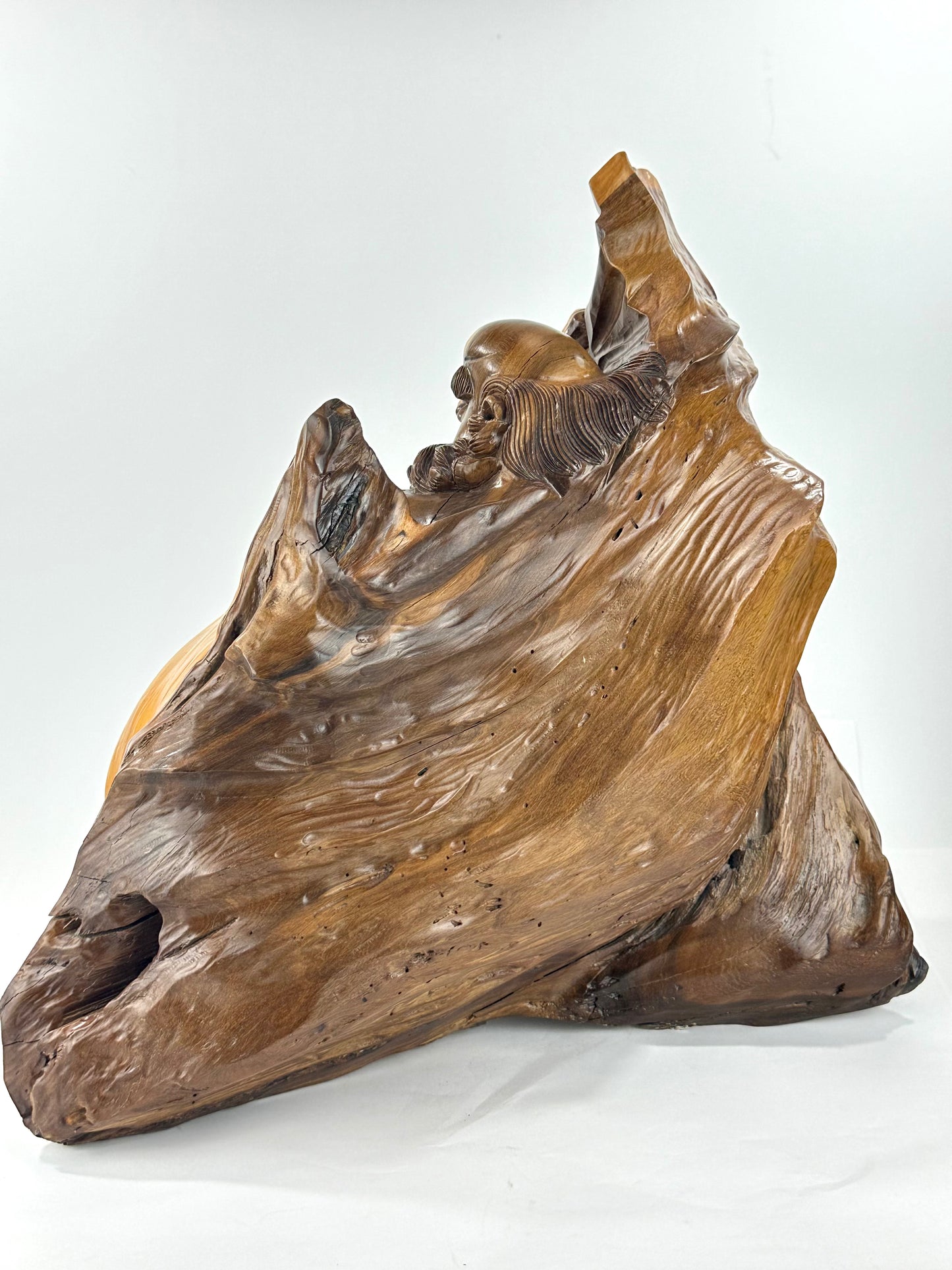 Japanese Showa Era Sugi Wood Carved Daruma Bodhidharma Sculpture Root Wood Base 17"H LS#089
