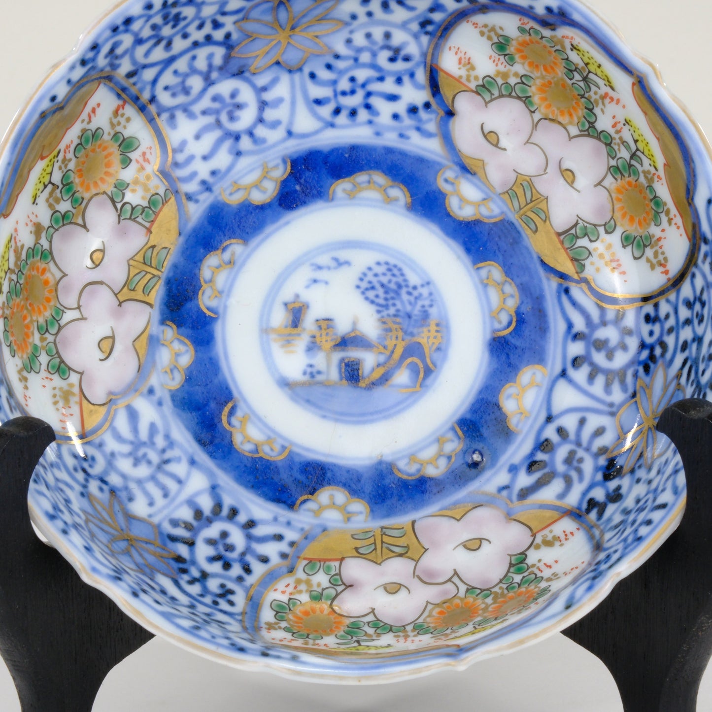 Japanese Imari Kinrande Bowl Willow Landscape Plum Blossom Gold Meiji 6 Inch