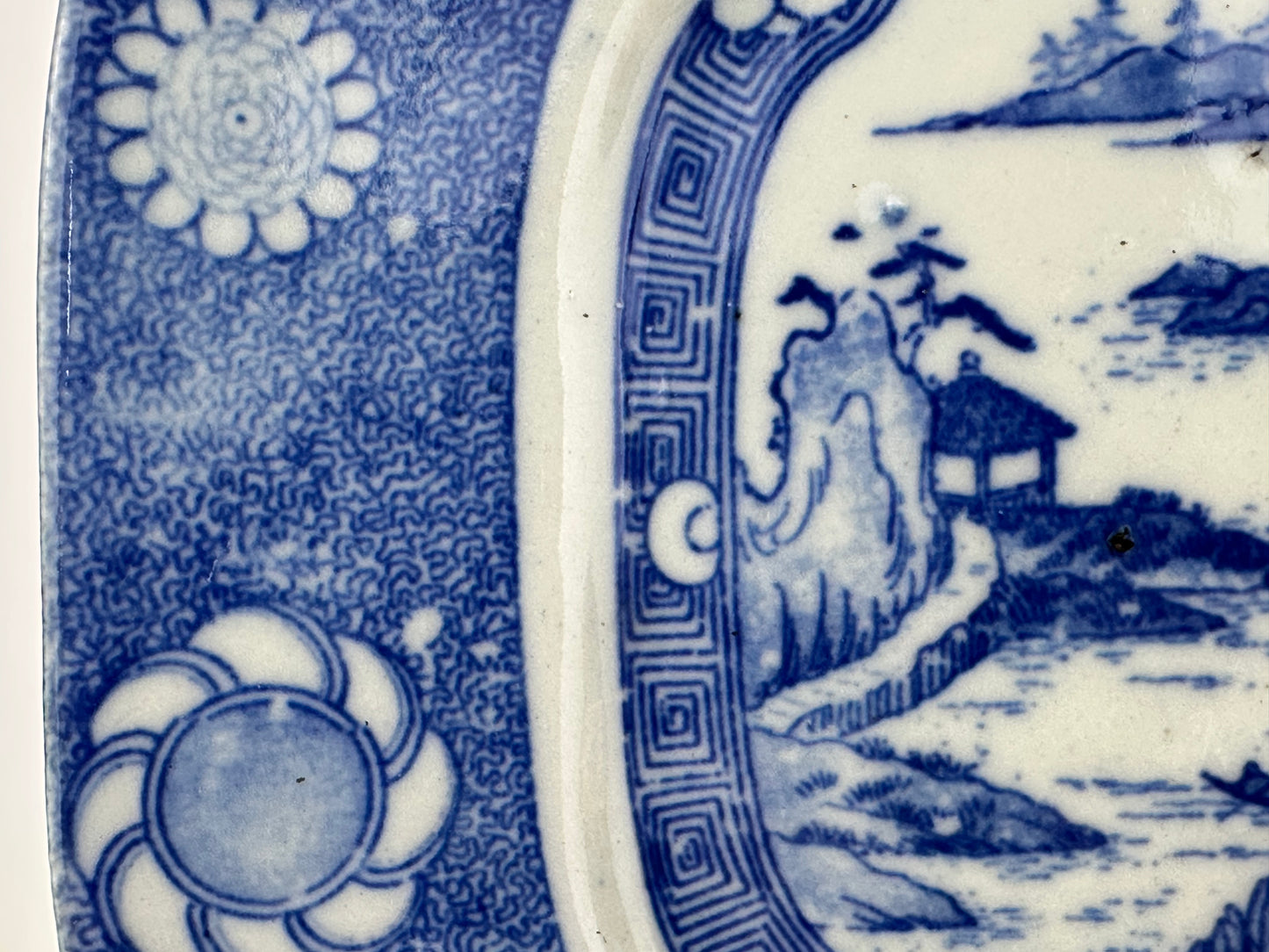Antique Japanese Late Meiji c1910's Blue & White Porcelain Landscape Platter 10"W