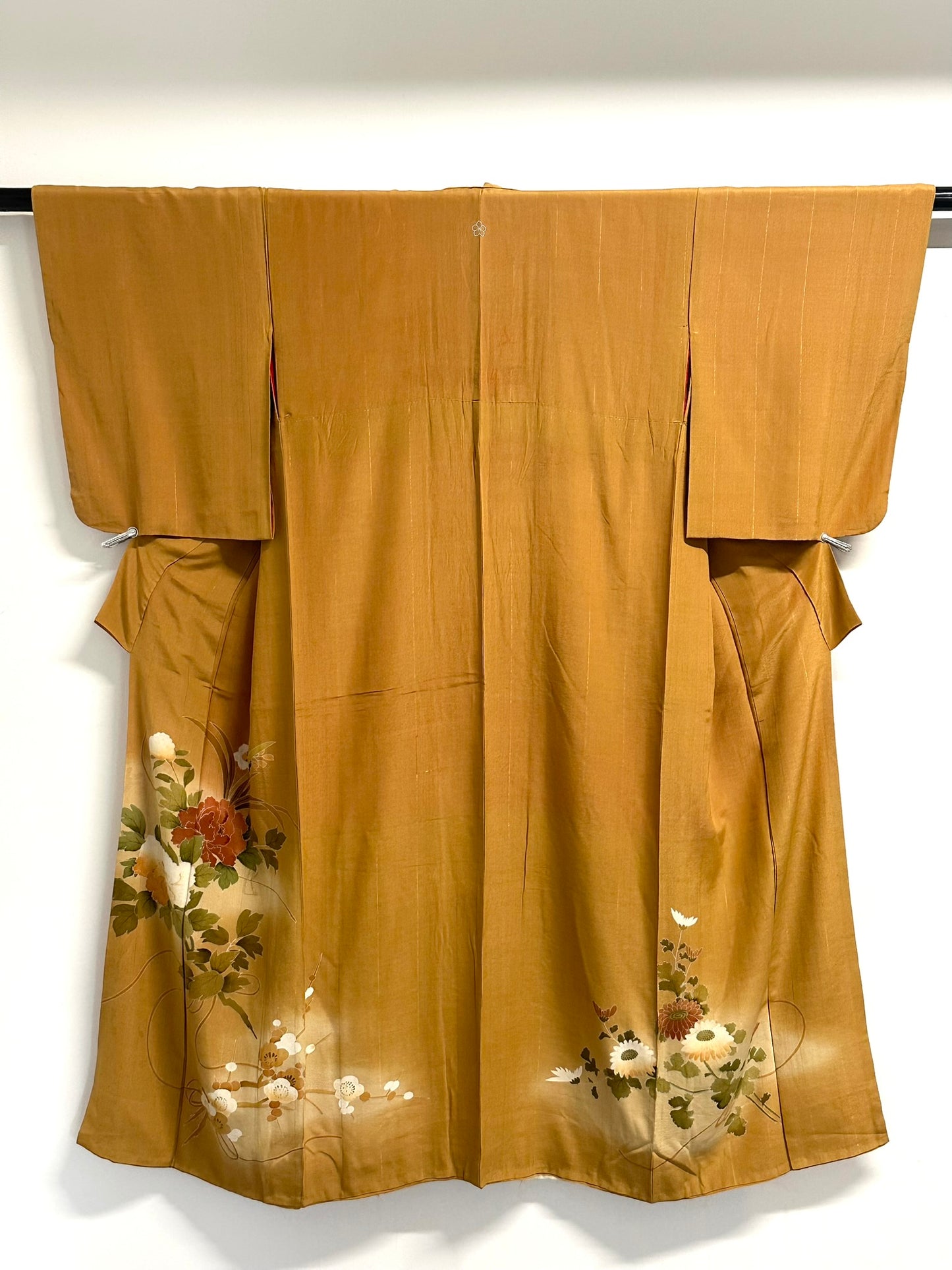Vintage Japanese Silk Tomesode Kimono Yuzen Botan Peony Gold Amber Showa