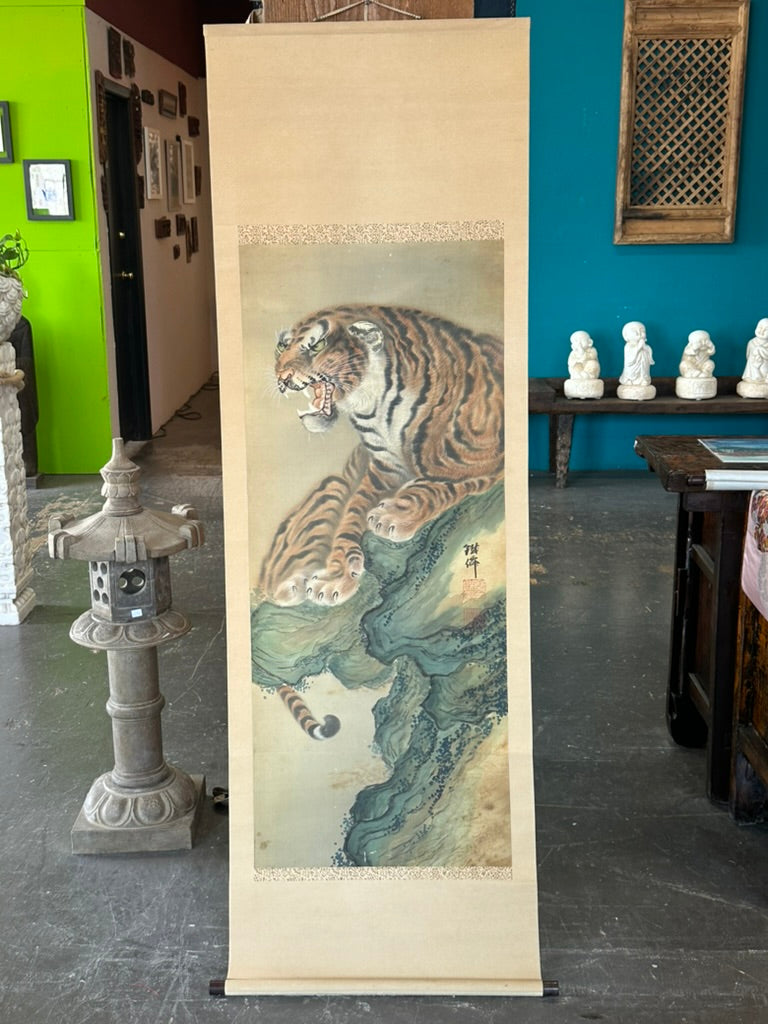 Antique Japanese Kakejiku Hanging Scroll Tiger on Cliff Nihonga Ink Color Signed 73"L
