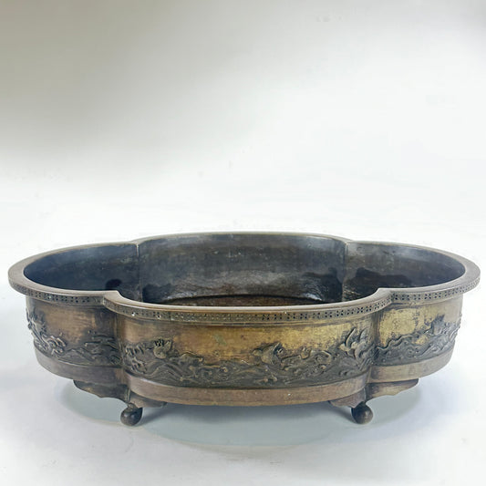 Antique Japanese Signed Suiban Bronze Ikebana Flower Vase Birds & Rabbits 17"