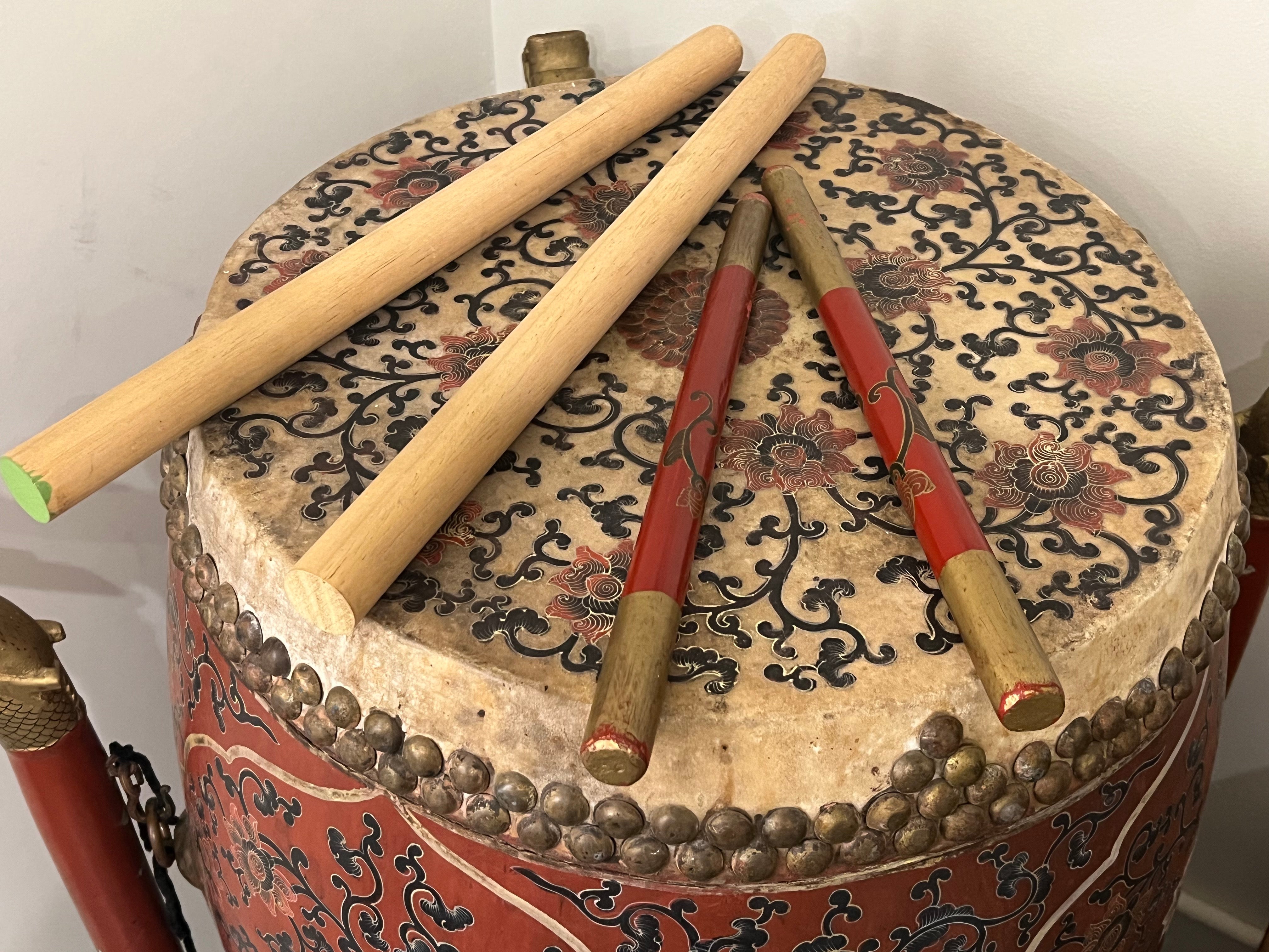 Vintage Taiko Drum in Chinese Motifs w/ Stand Sticks Accessories 26