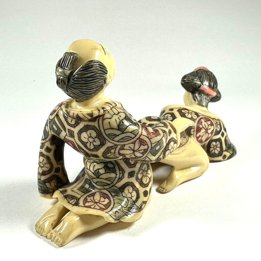 Vintage Japanese Shunga Erotic Figurine Couple Faux-Ivery Resin Hand Painted Showa e