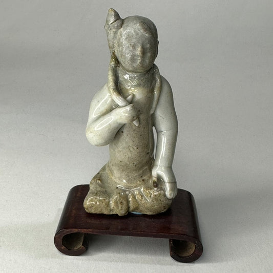 Chinese Pale Glazed Earthenware Buddhist Deity Figure Lotus Hardwood Stand 3.5"