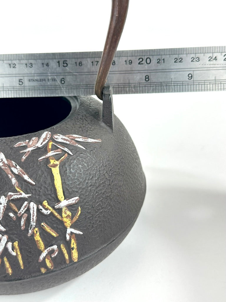 Vintage Japanese Cast Iron Tetsubin Bamboo Cicada Gold Silver Brass Lid Showa 8"W LS#149