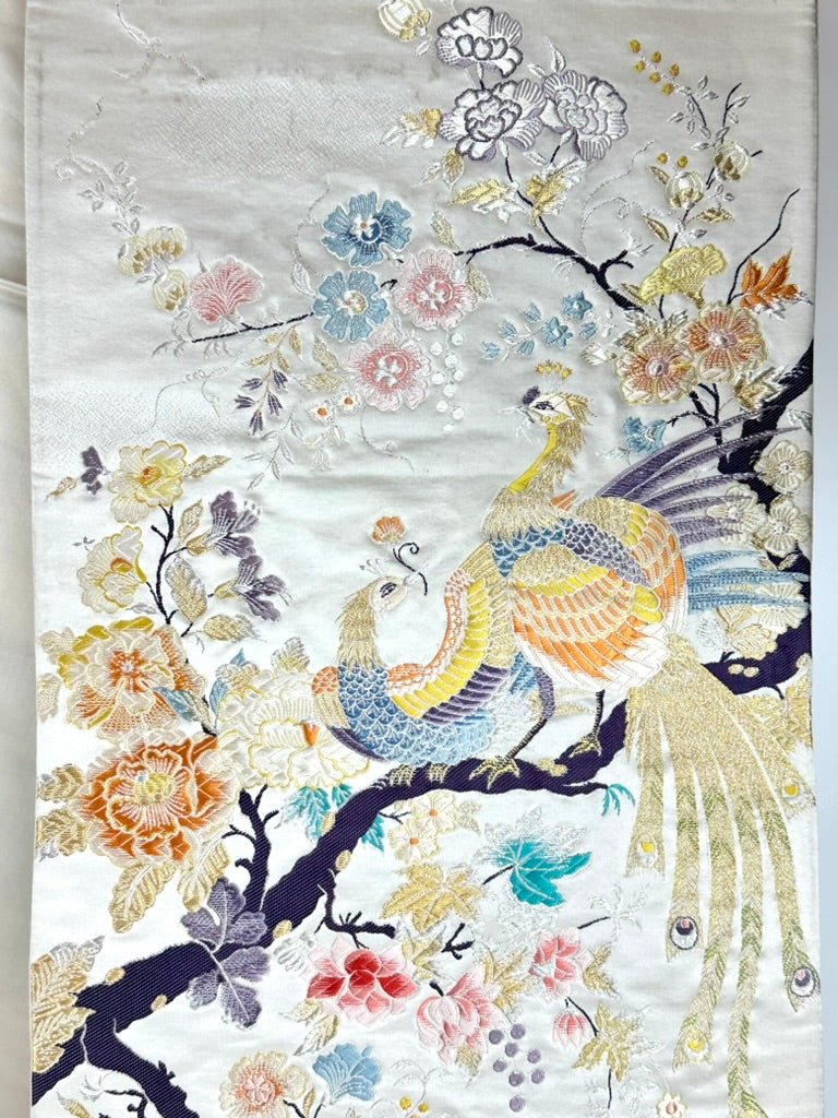 Vintage Japanese Silk Fukuro Obi Embroidered Phoenix Peony Blossom 13'L
