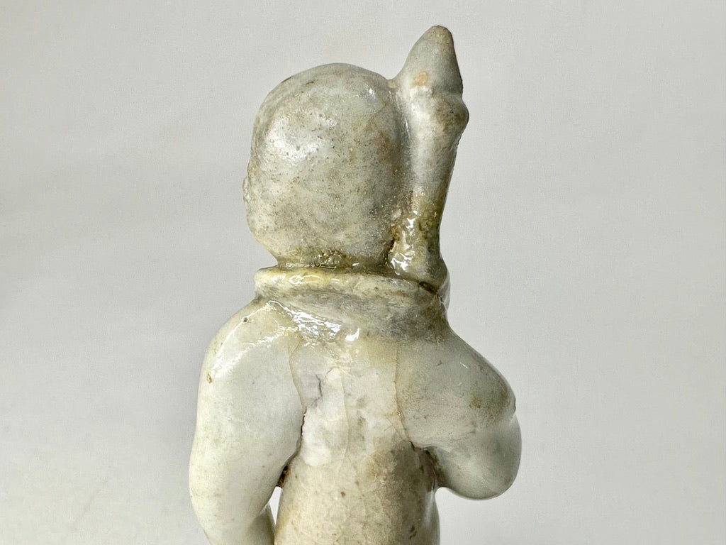 Chinese Pale Glazed Earthenware Buddhist Deity Figure Lotus Hardwood Stand 3.5"