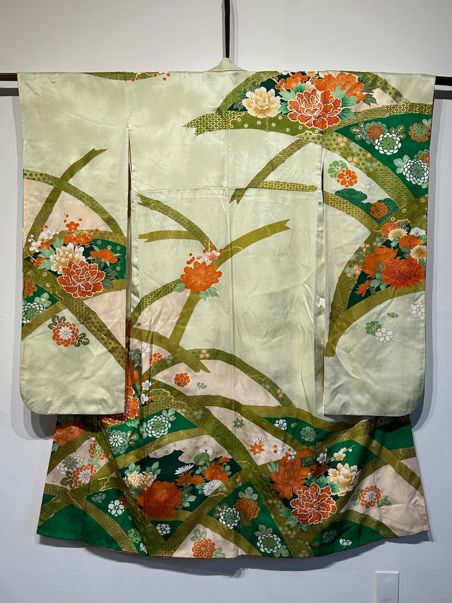 Vintage Japanese Furisode Silk Kimono Soft Green Peonie Motif