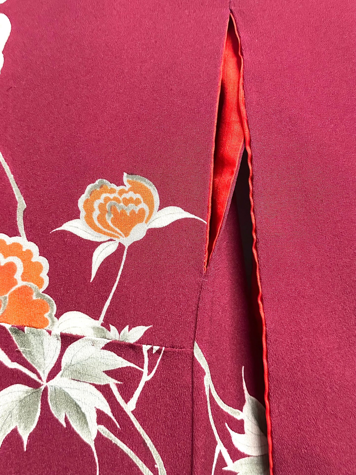 Vintage Japanese Silk Kimono Burgundy Peony Chirimen Crepe Showa