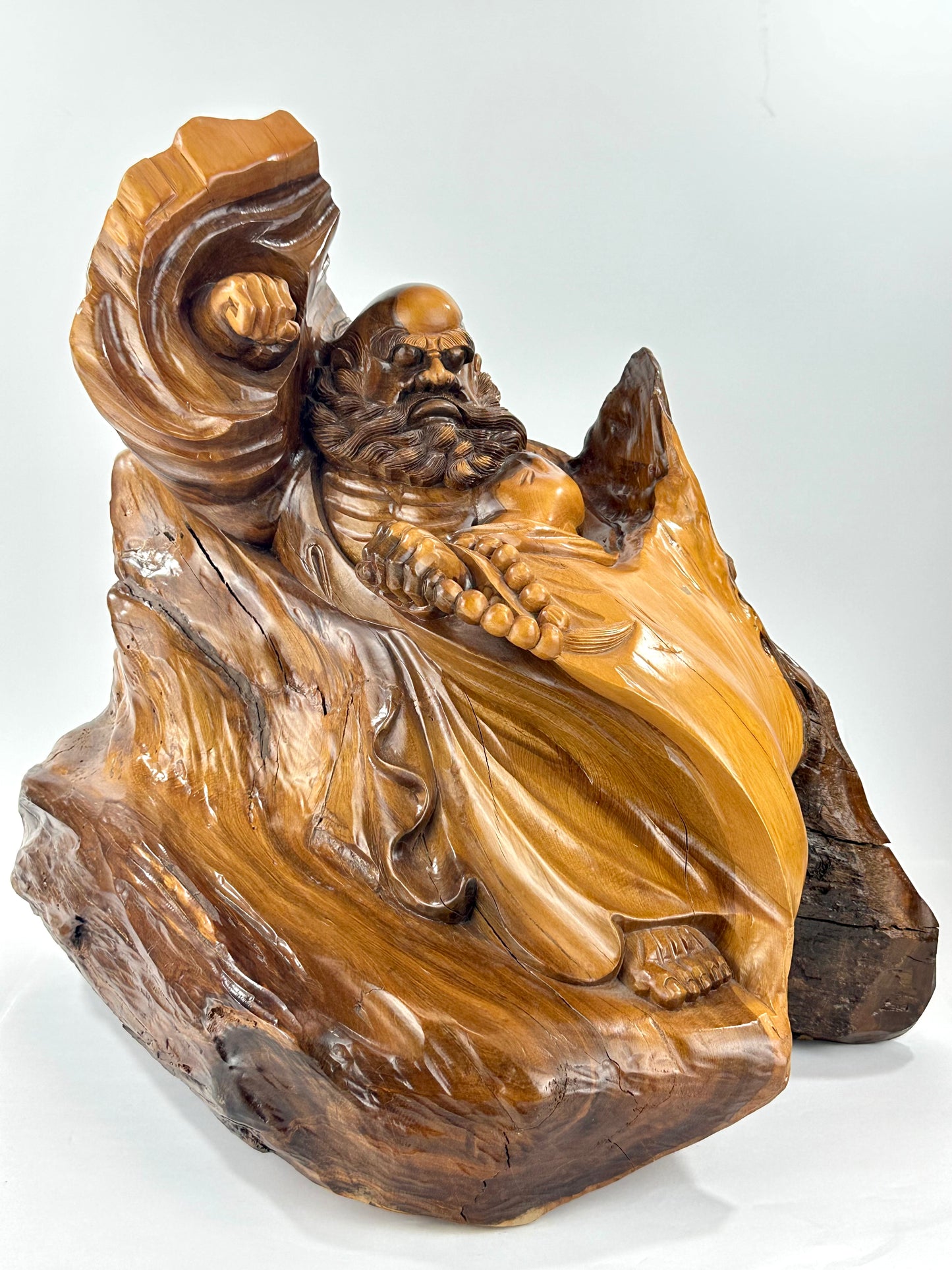 Japanese Showa Era Sugi Wood Carved Daruma Bodhidharma Sculpture Root Wood Base 17"H LS#089