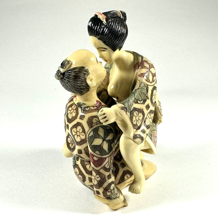 Vintage Japanese Shunga Erotic Figurine Couple Faux-Ivery Resin Hand Painted Showa c