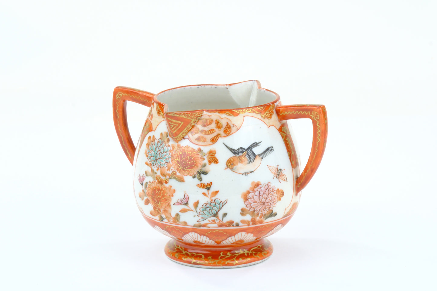 Antique Japanese Kutani Dai Nippon Porcelain Sugar Bowl Sparrow Chrysanthemum Meiji 4H