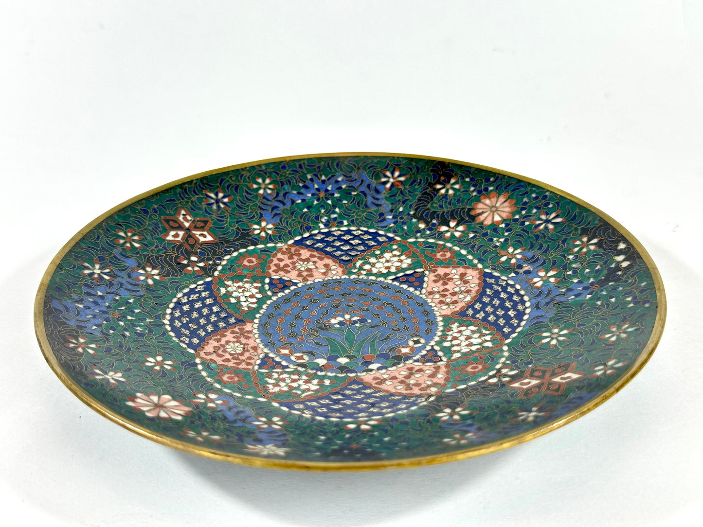 Japanese Meiji Cloisonne Shippo Plate Green Floral Medallion Iris Geometric 7.5"