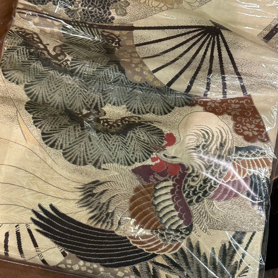 Antique Japanese Silk Obi Sash Phoenix Folding Fan and Pine Design 13′L