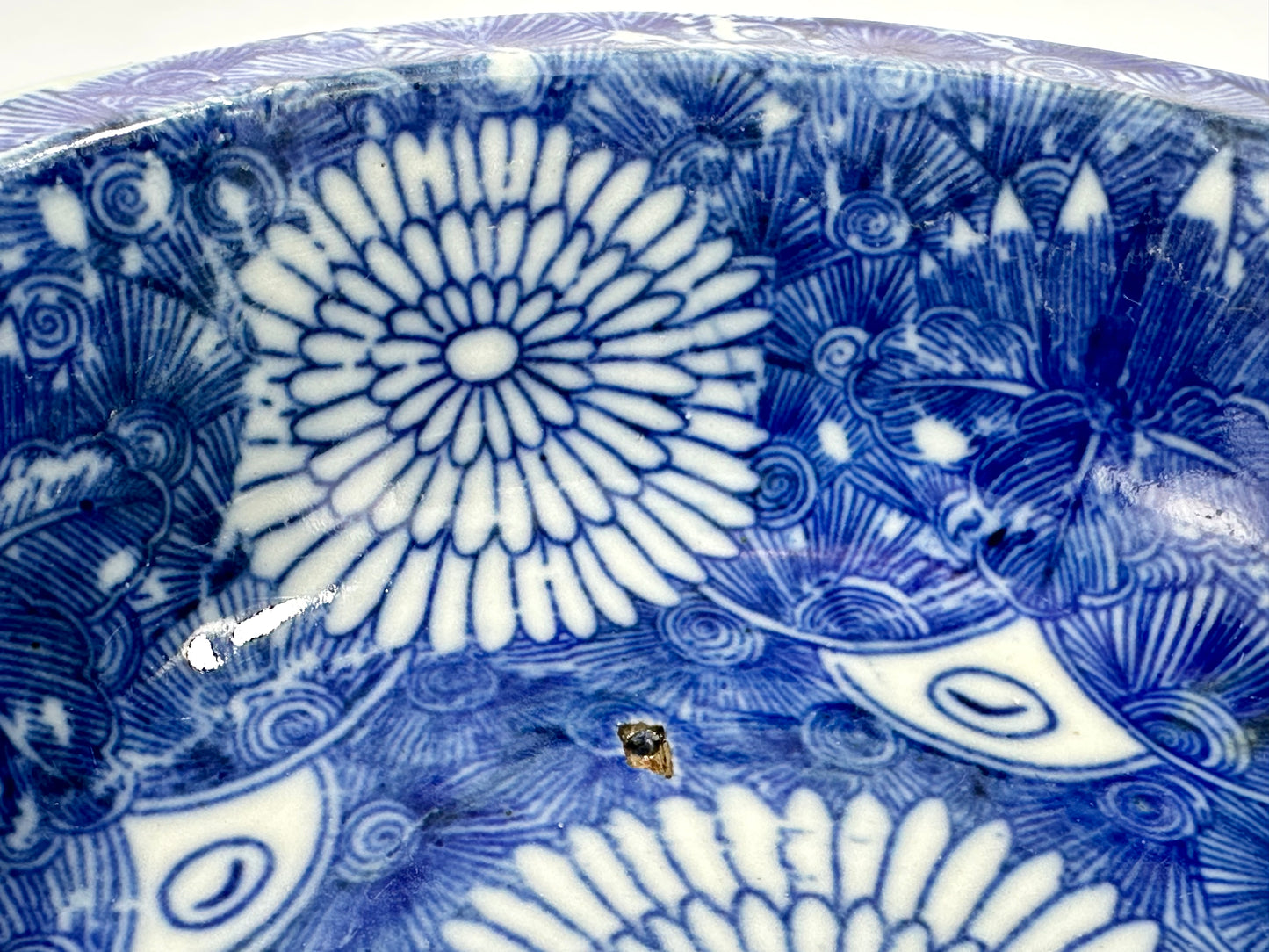 Antique Japanese Imari Sometsuke Blue White Porcelain Bowl Kiku Hanazume Late Edo 19th 8"W