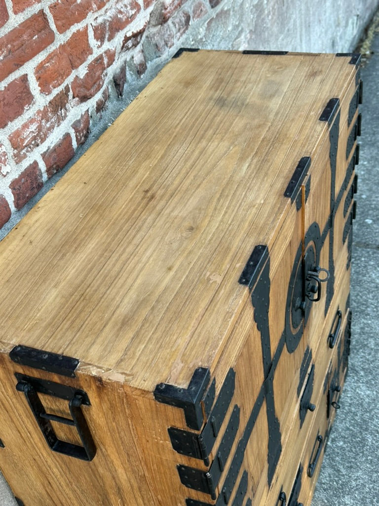 Antique Japanese Meiji Era Ishodansu Kiri Wood Cannon Biraki Tansu Iron Hardware