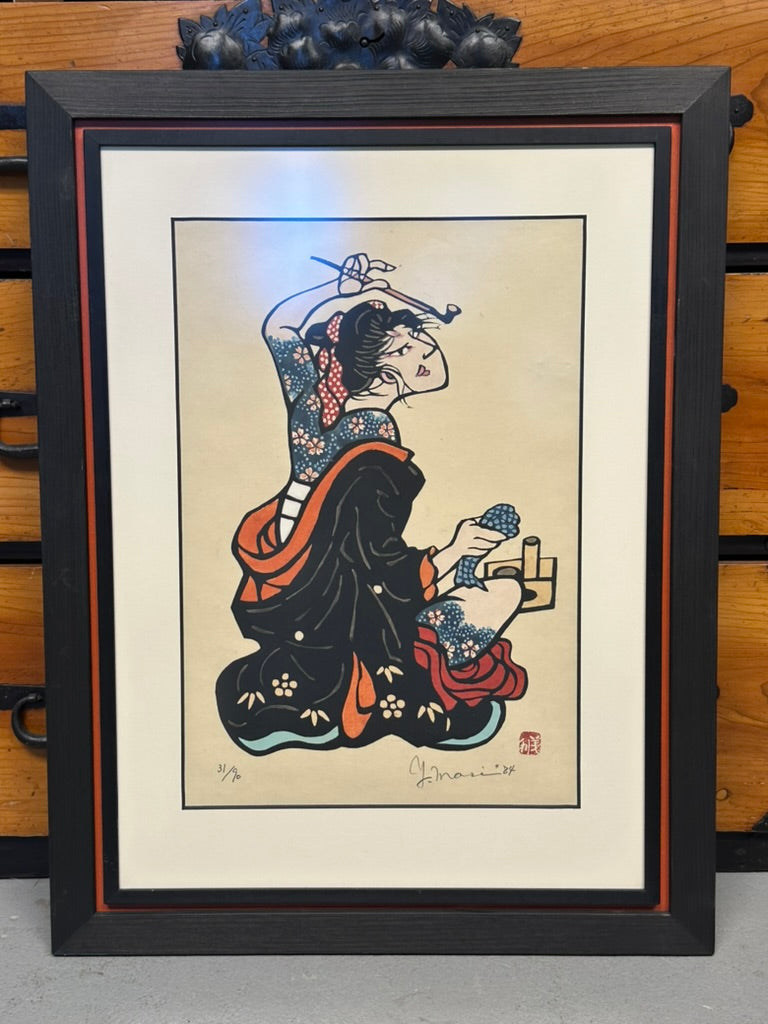 Vintage Japanese Kappazuri Print Yoshitoshi Mori Bijin with Kiseru Smoking Beauty 1984 Ed 31/90