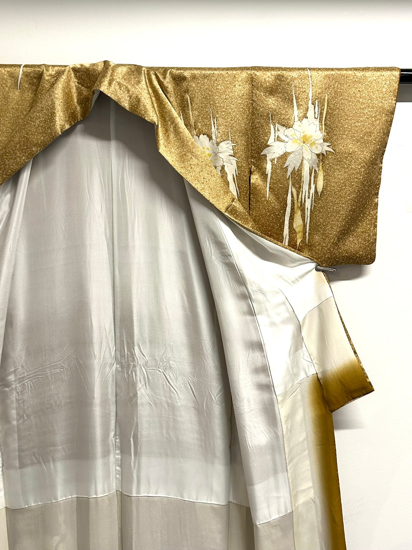 Vintage Japanese Silk Nashiji Gold Kimono Yuzen Suisen Narcissus Showa Era