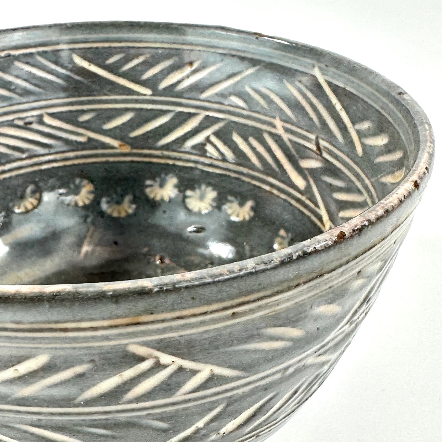 Japanese Tokoname Style Stoneware Chawan  Mishima Decoration W/ Grey Glaze Over White Slip Red Terracotta