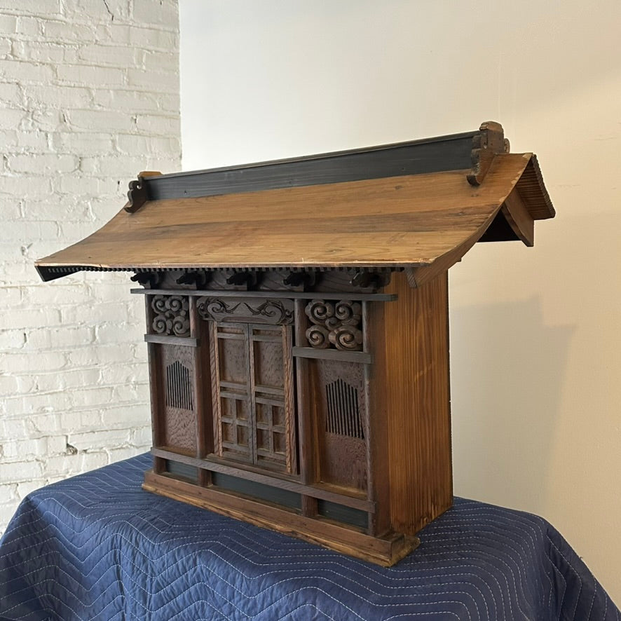 Antique Japanese Meiji Era Sugi Wood Kamidana Shinto Household Shrine Carved Cloud Scroll 32"