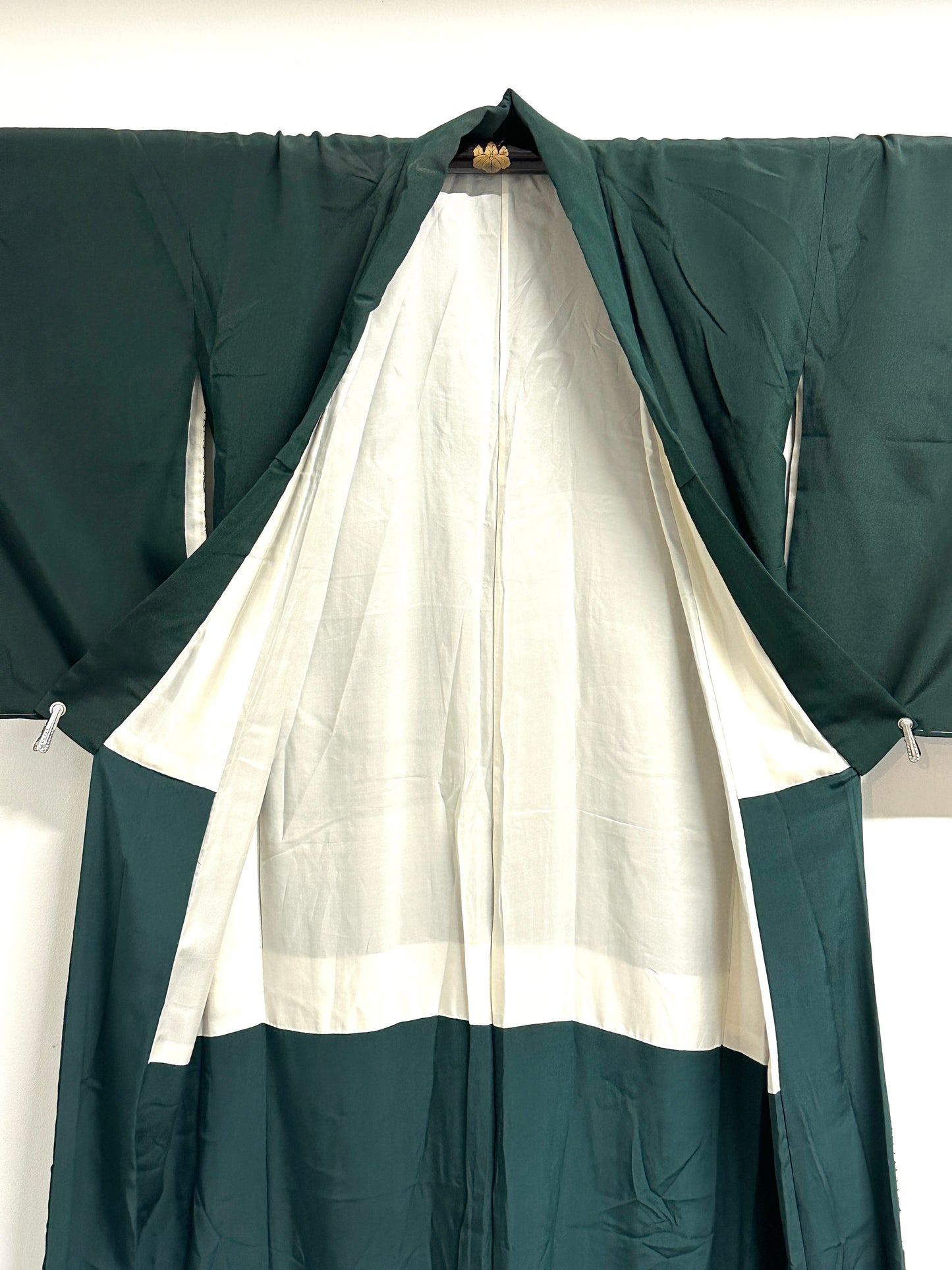 Vintage Japanese Silk Kimono Kiku Hanazume Suso on Deep Green Gold Bokashi Showa