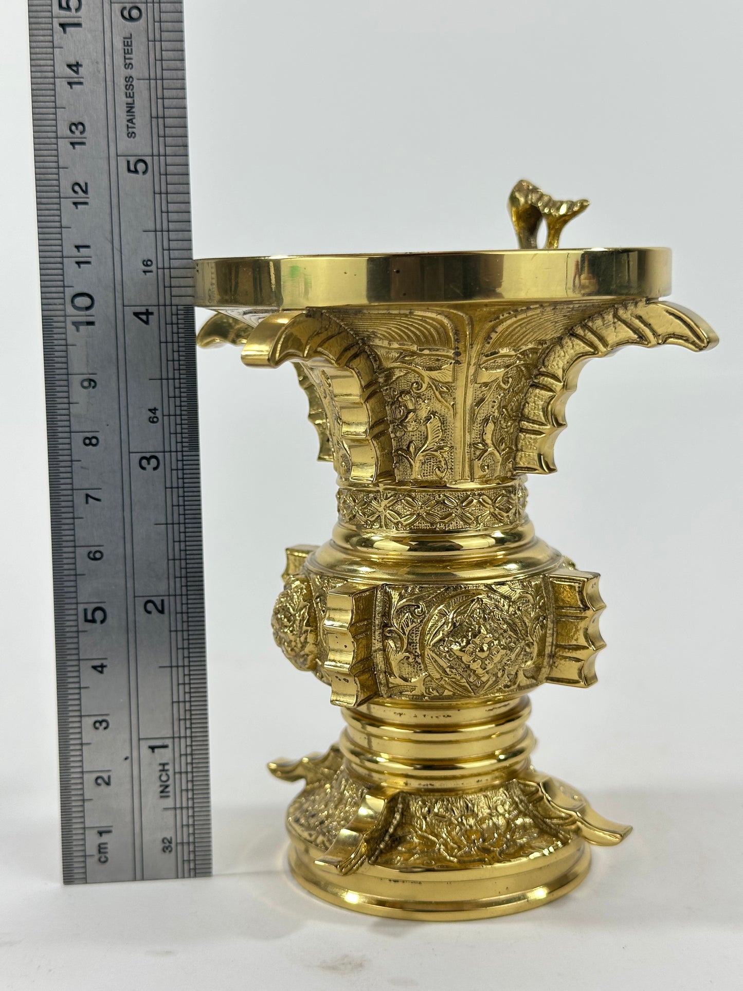 Antique Japanese Gilt Bronze Butsudan Vase Buddhist Ritual Offering Vessel 4"H