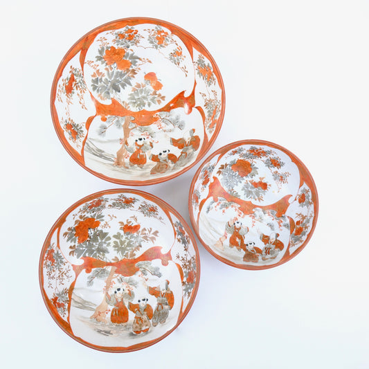 Antique Japanese Kutani Aka-e Nesting Bowl Set Three Karako Children Peony Meiji 10"W
