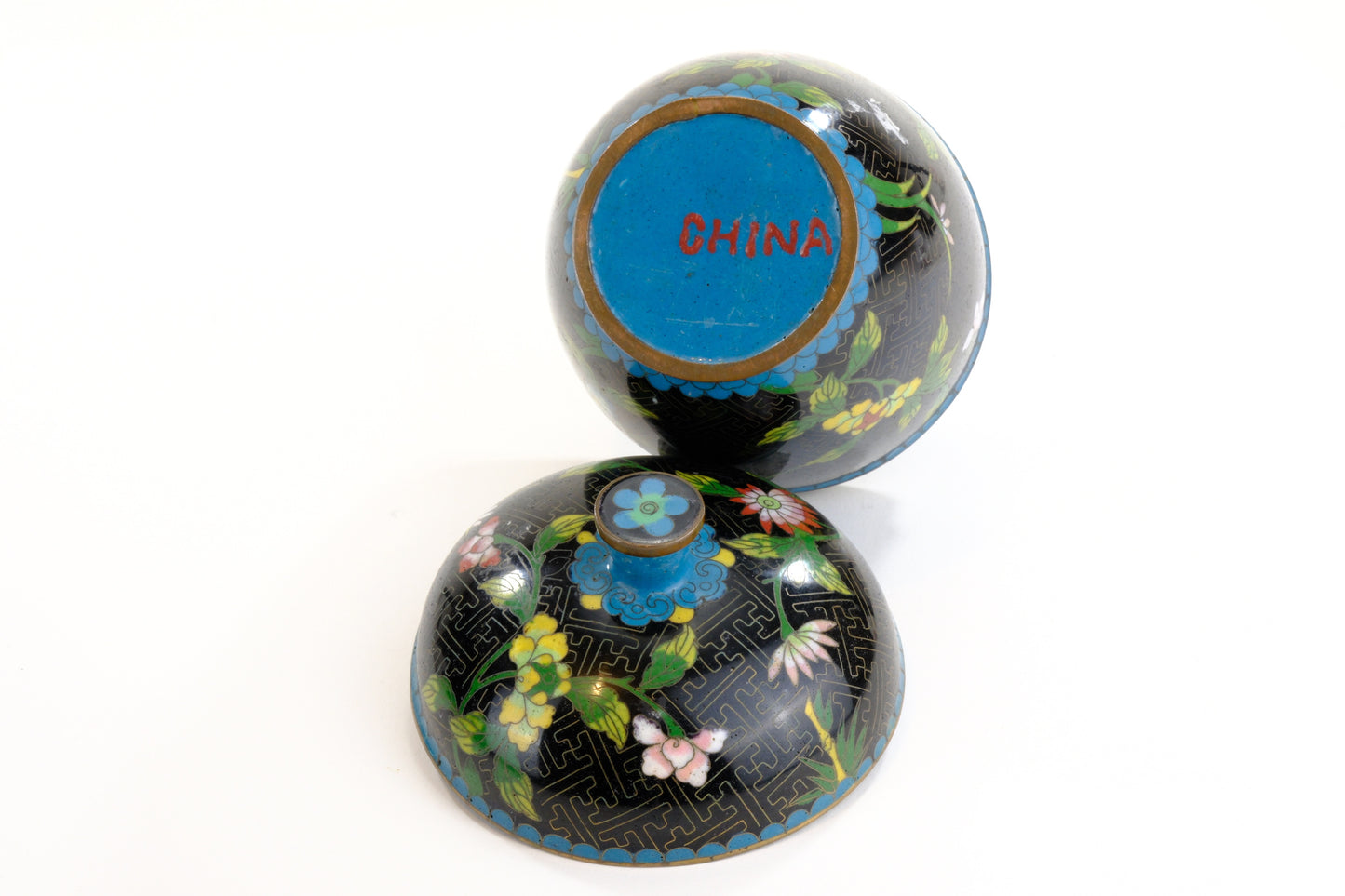 Chinese Cloisonne Enamel Moon Flask Vase Green Black Ground Floral Butterfly Three Feet 5.5"H