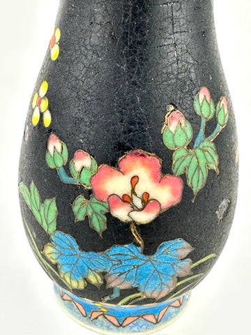 Japanese Meiji Taisho Totai Shippo Ceramic Cloisonne Vase Black Ground Pink Floral 5"H