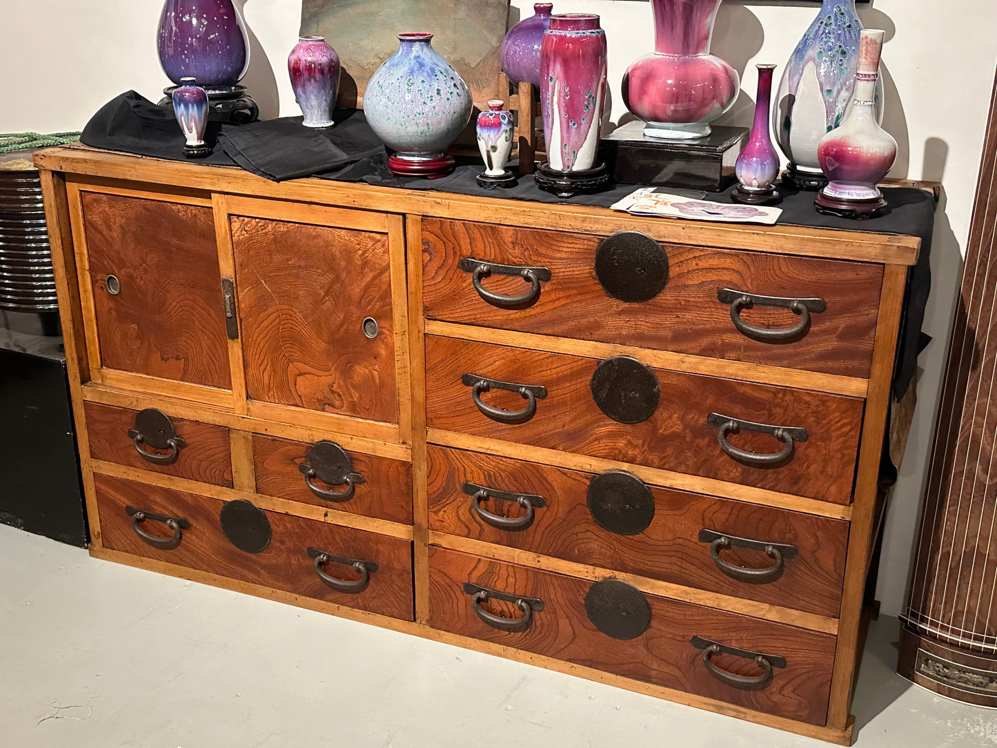 Antique Japanese Tansu Meiji Era (1868-1912) Keyaki Elm Tansu Chest 65"W