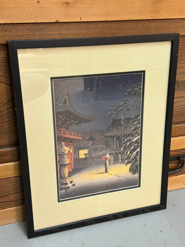 Tsuchiya Koitsu Giclée Framed Repro Print Nezu Shrine Tokyo Night Snow 1934 17x21