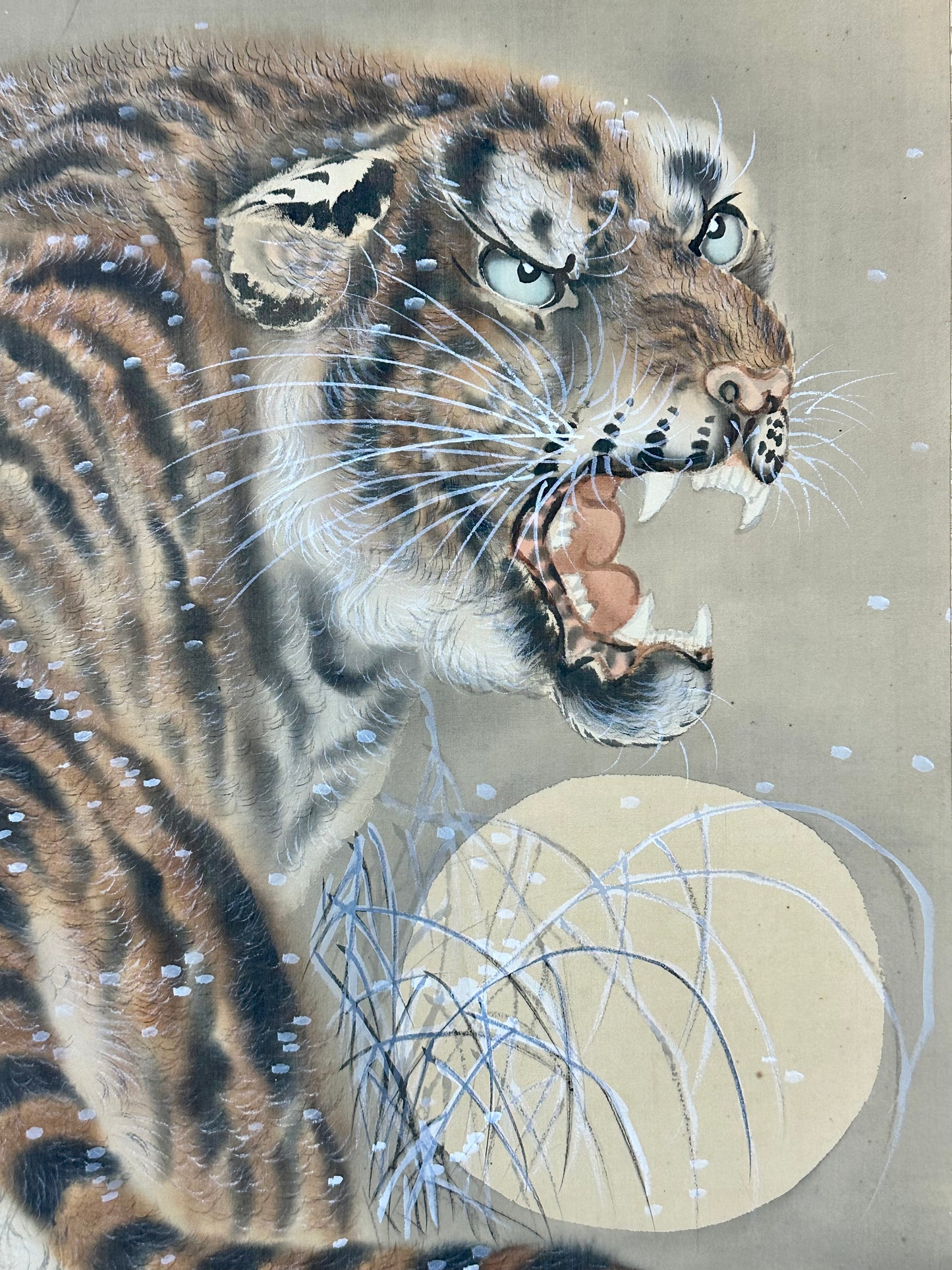 Antique Japanese Kakejiku Hanging Scroll Hand Painted Tiger Snow Moon Taisho Showa 78"L