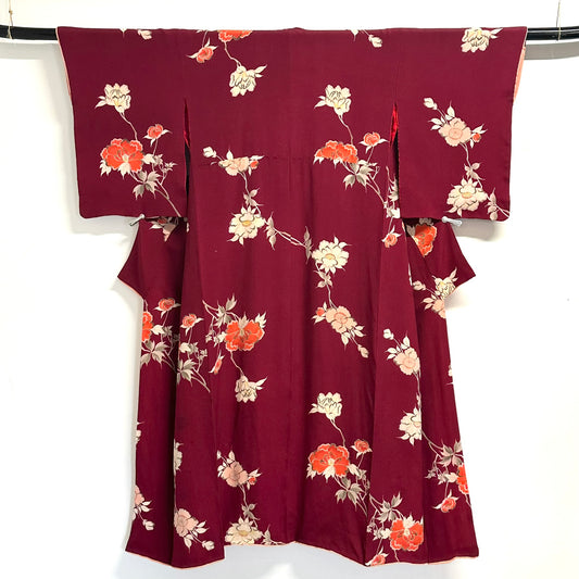 Vintage Japanese Silk Kimono Burgundy Peony Chirimen Crepe Showa