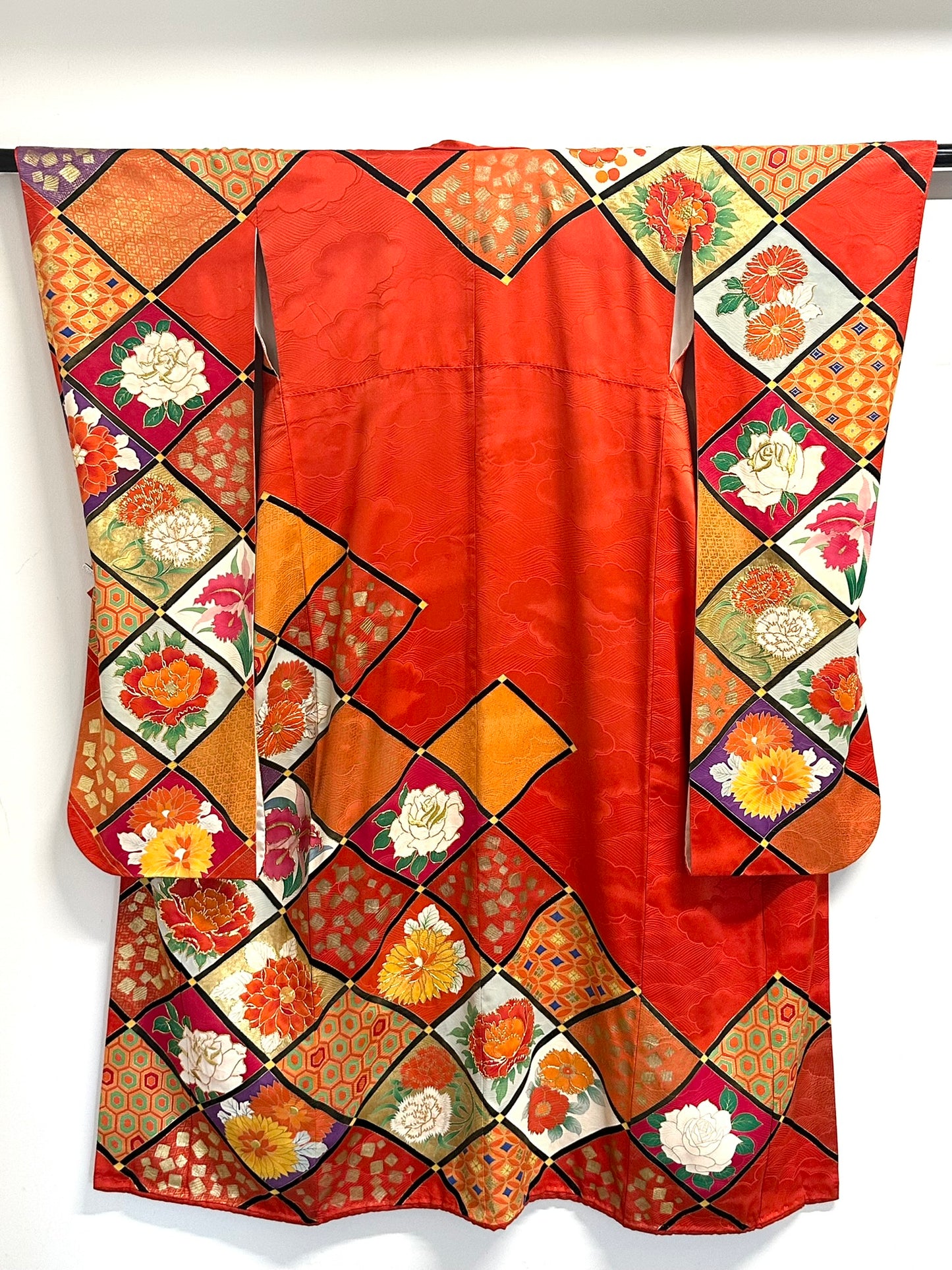 Vintage Japanese Silk Rinzu Kimono Hishi Diamond Floral Panels Showa Furisode