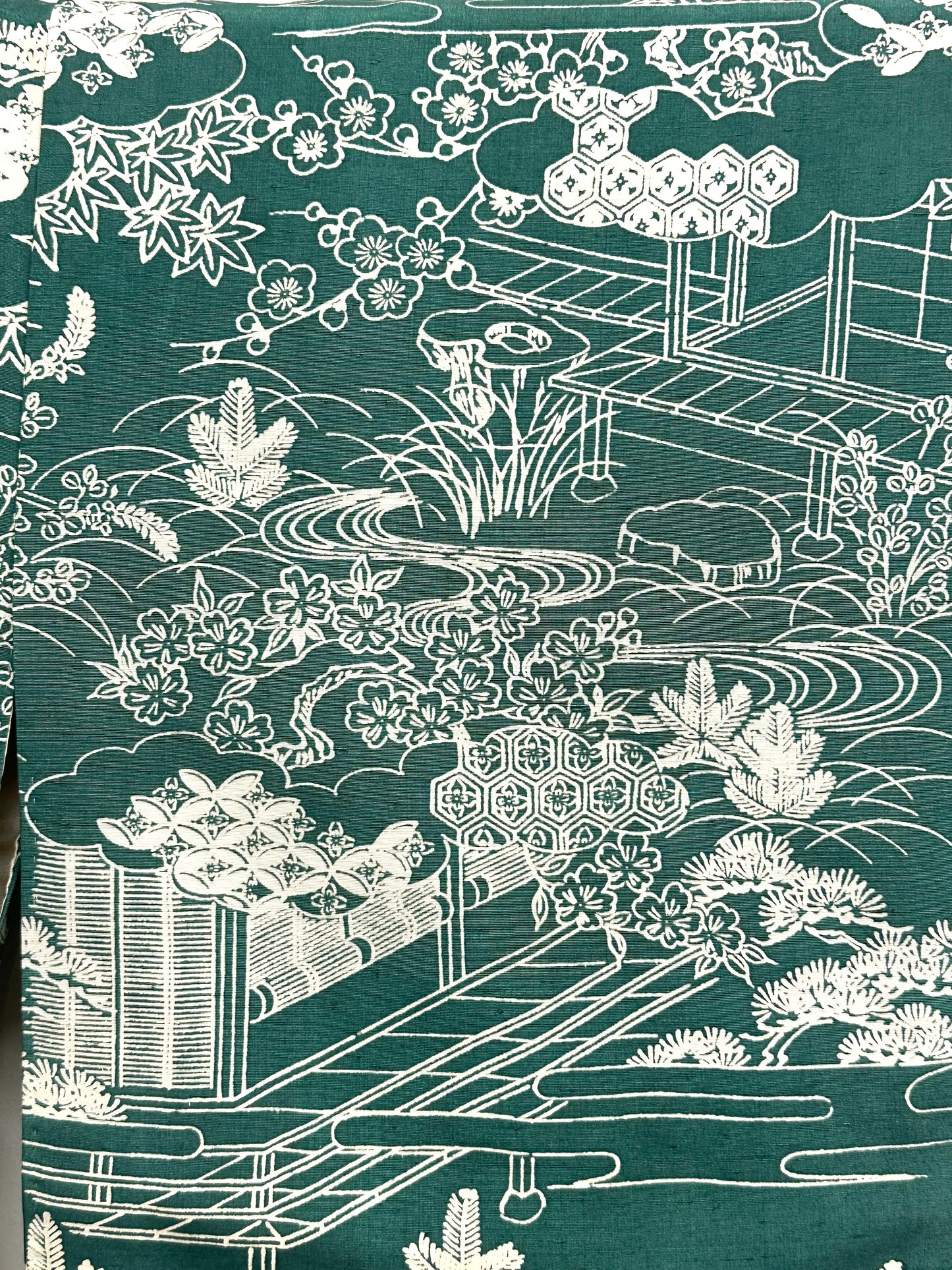 Vintage Japanese Silk Kimono Allover Garden Landscape Teien Crane Pine Teal Showa