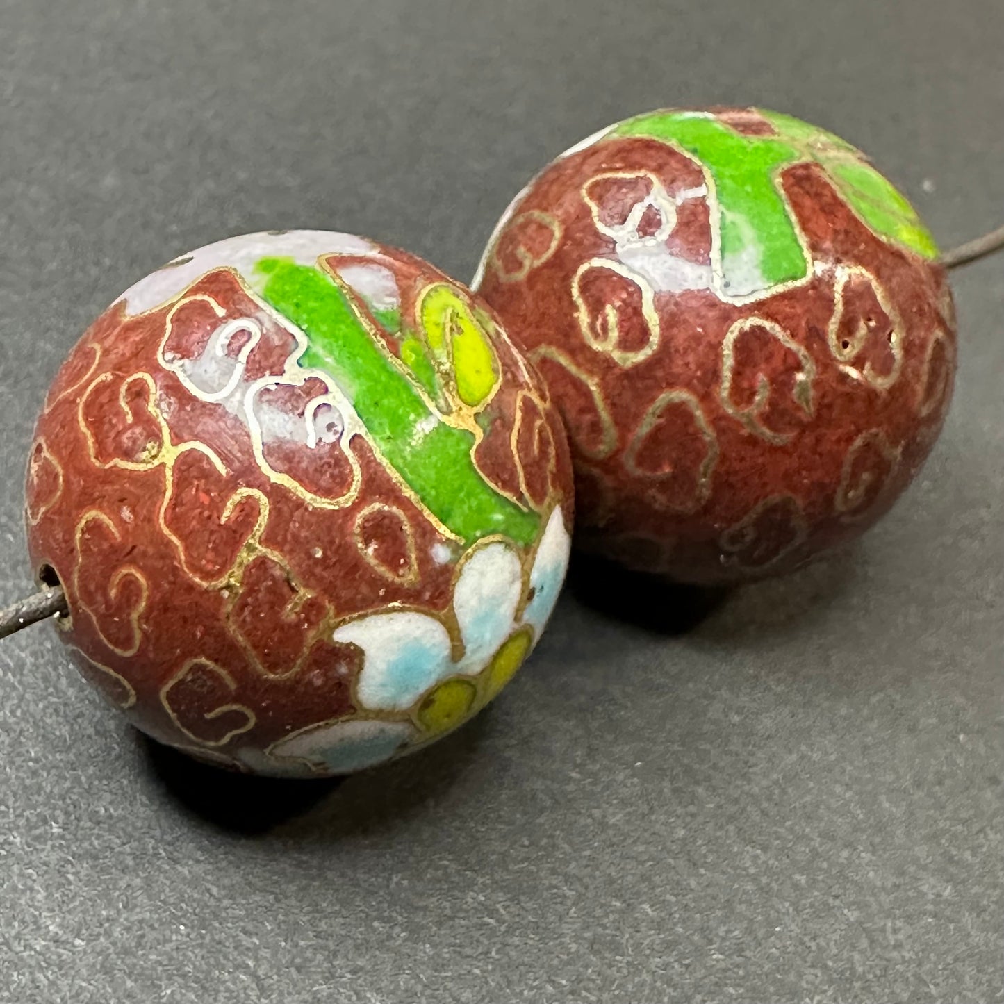 One Vintage Chinese Cloisonne Red Floral Bead 18mm Glass Enamel Jewelry