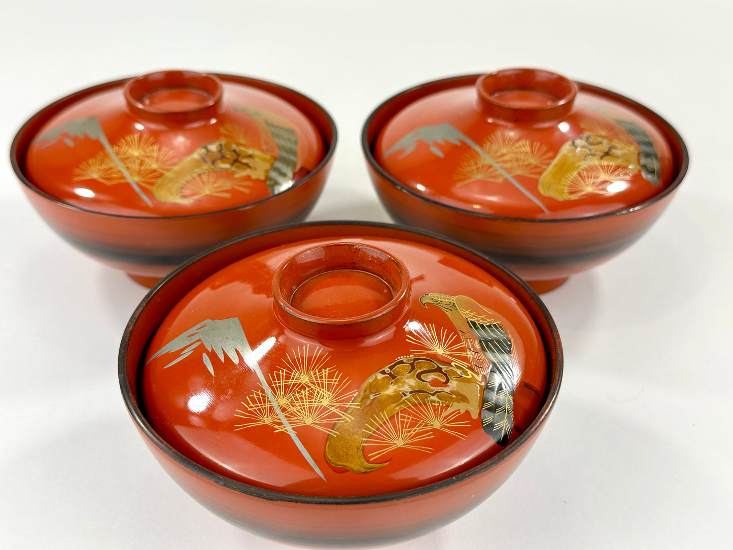 Set of 3 Antique Japanese Meiji Era (c1890's) Red Lacquer Makie Wooden Mt Fuji Hawk Bowl 4.5"