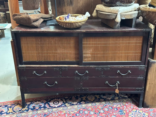 SAVE 40% Antique Japanese Isho Dansu Kimono Chest Red Lacquer Reed Doors Meiji 48"W