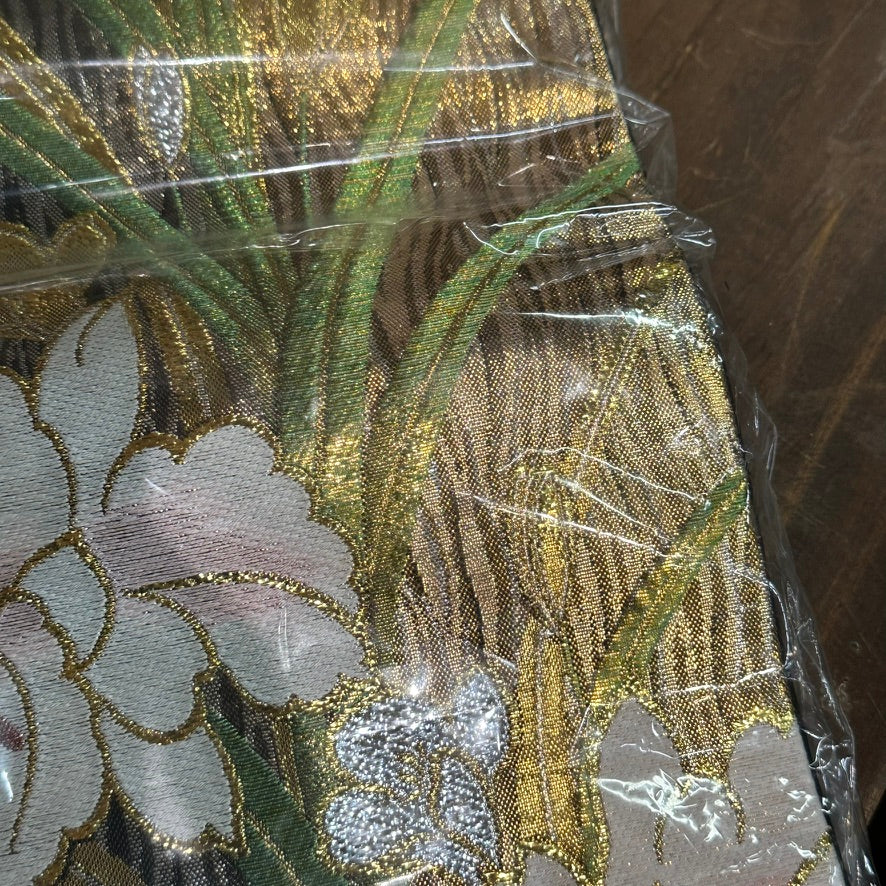 Vintage Japanese Silk Fukuro Obi Gold Thread Orchid Design Unused 13′L