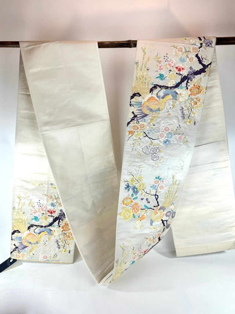 Vintage Japanese Silk Fukuro Obi Embroidered Phoenix Peony Blossom 13'L