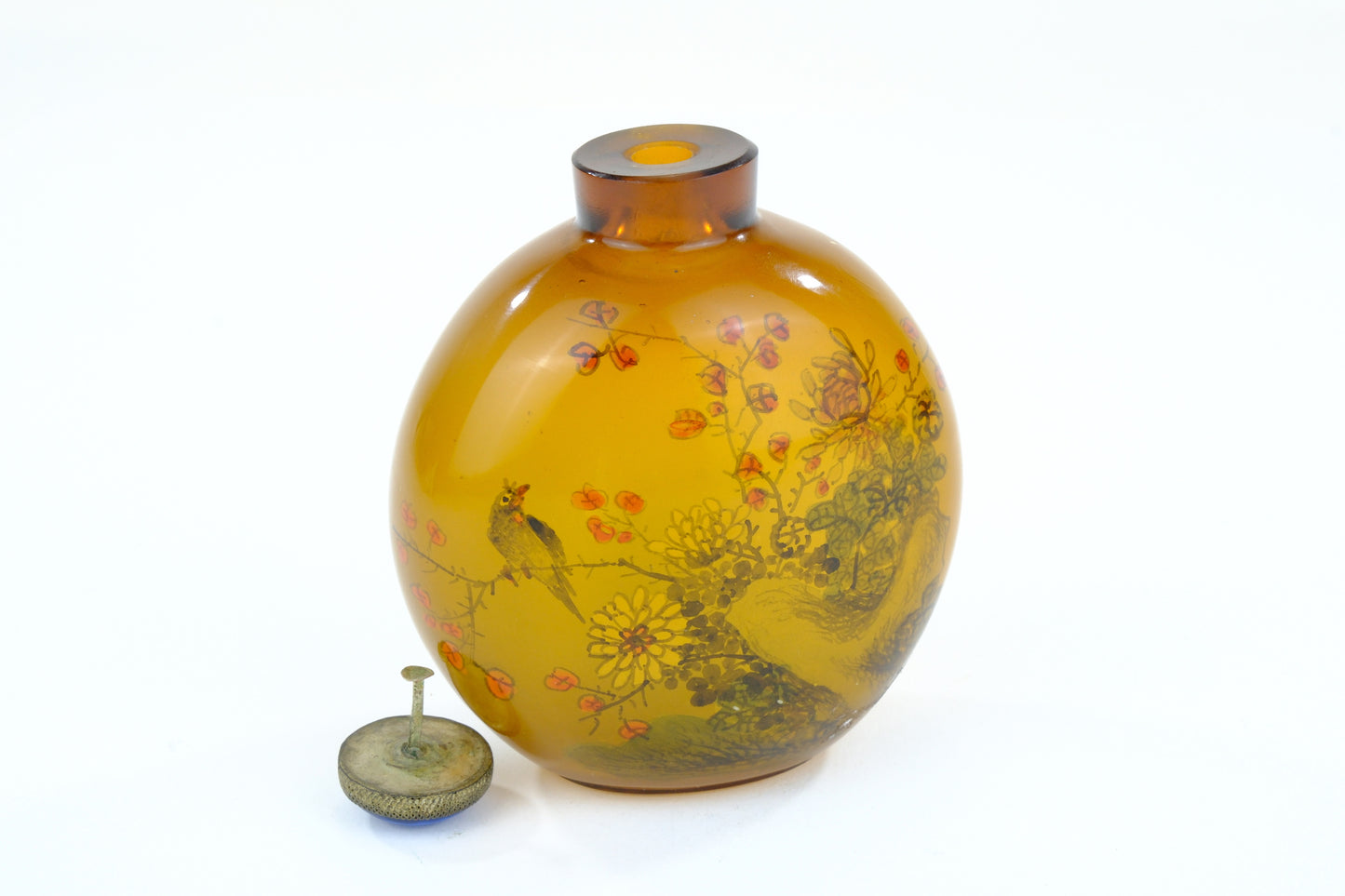 Chinese Amber Glass Interior Painted Snuff Bottle Birds Flowers Blue Stopper