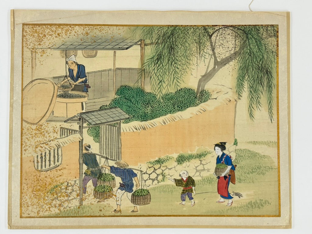 Antique Japanese Silk Painting Tea Pickers Genre Scene Gold Fleck 14"W