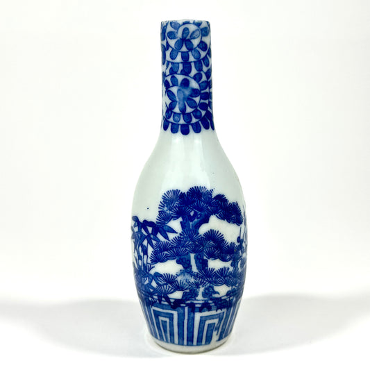 Antique Japanese Imari Blue White Porcelain Butsugu Tokkuri Altar Vase Pine 19thC 5"H