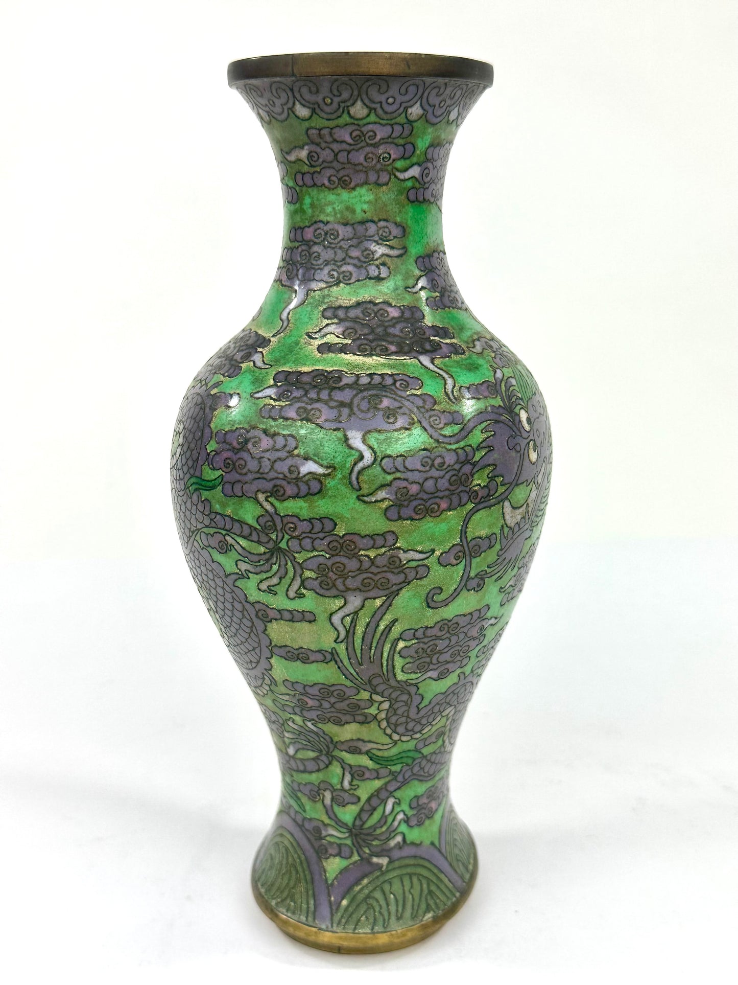 Antique Chinese Late Qing Dynasty (c1910) Cloisonné Vase Emerald Dragon 9”