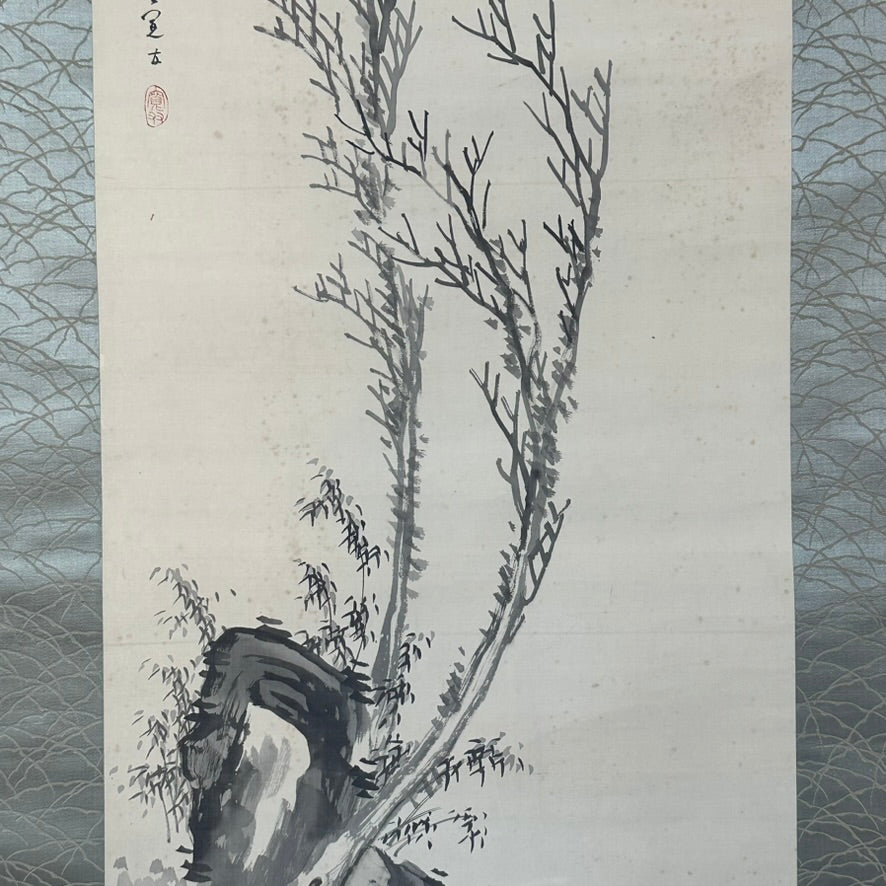 Antique Japanese c1912 Kakejiku Hanging Scroll Wild Bamboo Frost Branch Sumi Ink Signed 76"L