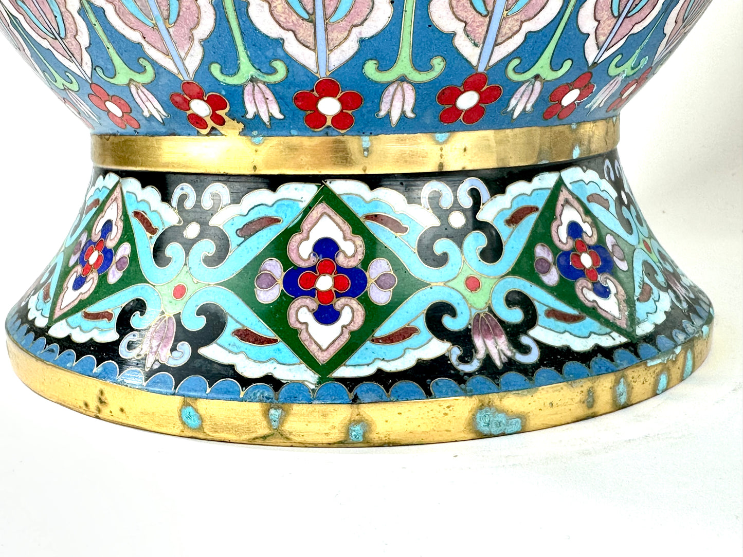 Vintage Chinese Cloisonne Vase Pair Black Ground Peony Pheasant Polychrome 20"H