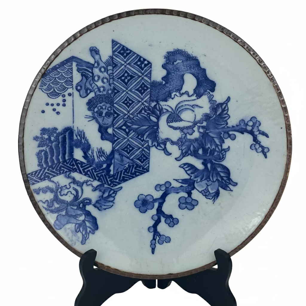 Antique Japanese Late Edo Period 19th Century Imari Ceramic Plate Blue & White 12.5"